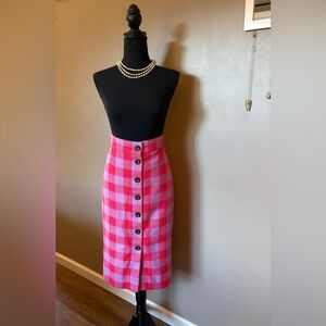 Ann Taylor plaid checkered skirt button front purple pink peony cotton skirt 10